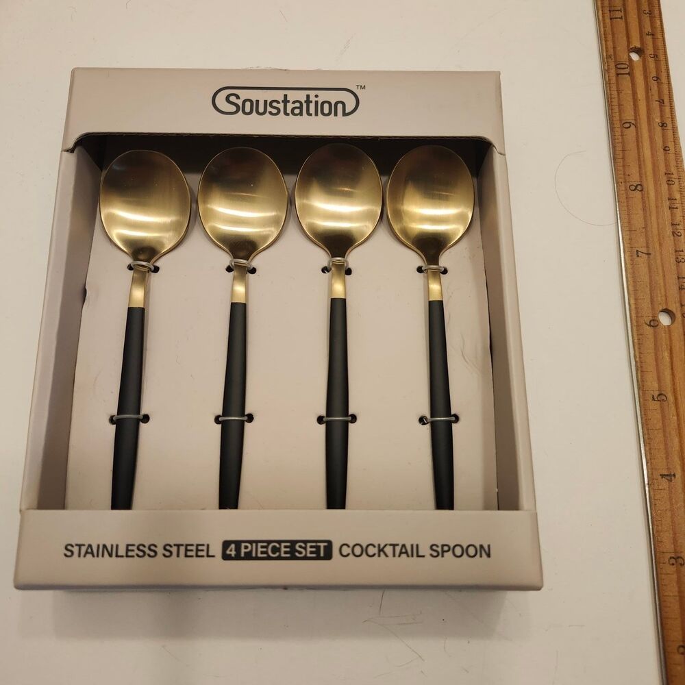 Soustation 4-Piece Gold & Black Stainless Steel Cocktail Spoons Set Barware